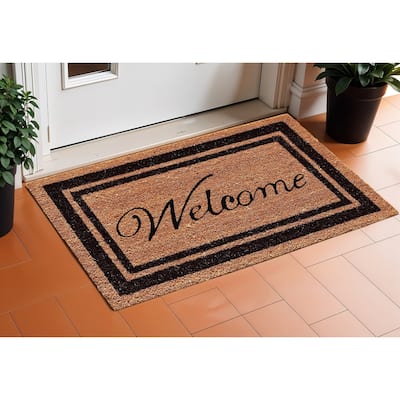 HomeRoots 18" X 30" Natural And Black Striped Border Welcome Outdoor Coir Door Mat - 18' X '30
