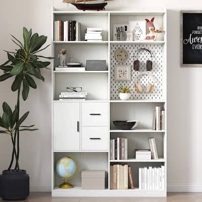 Modern 9-Cubby Bookshelf with Pegboard & Drawer - Wide Wood Bookcase for Living Room