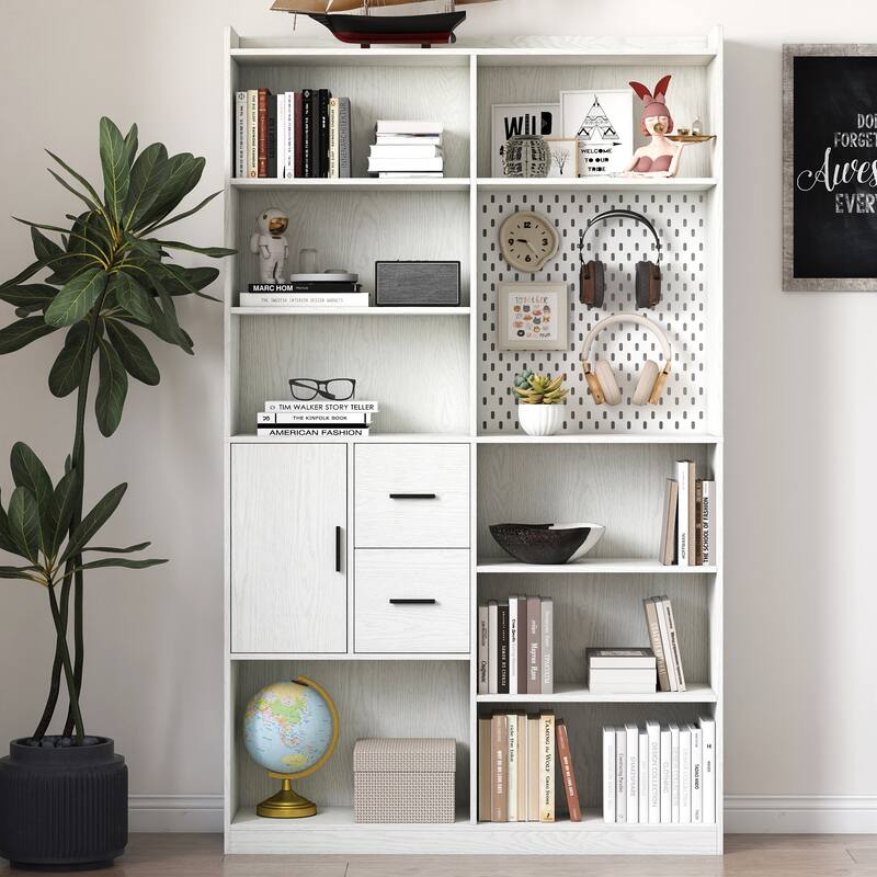 Modern White Wood Bookcase – 9-Cubby Display Shelf with Pegboard & Drawer – Wide Storage Unit for Living Room‌