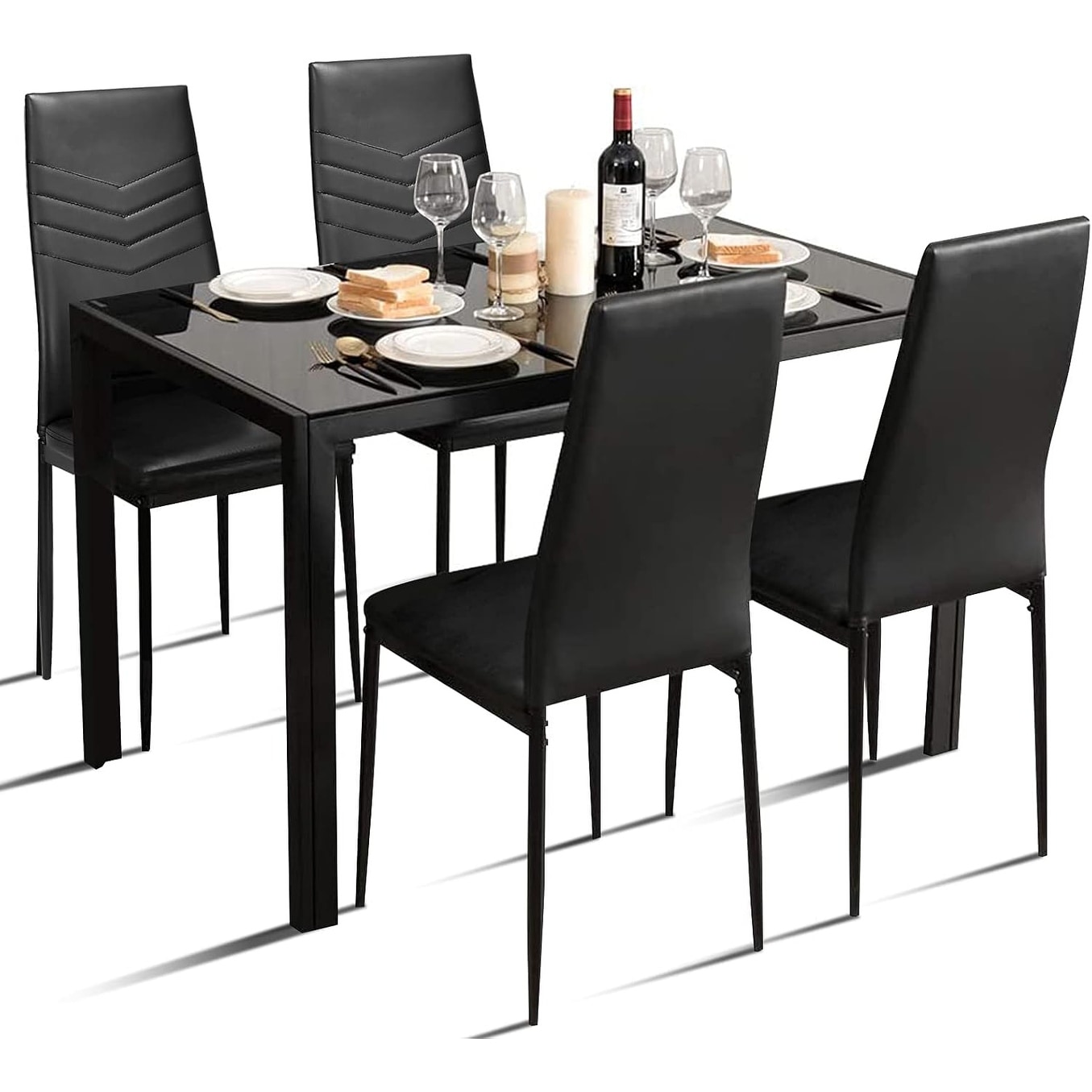 Modern 5-Piece Glass Top Dining Table Set with Leather Chairs for Small Spaces