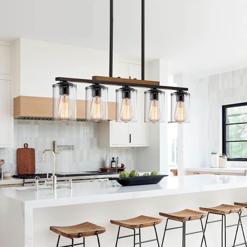 Starsky Modern Farmhouse Chandelier Linear Kitchen Island Light with Cylindrical Glass Shade