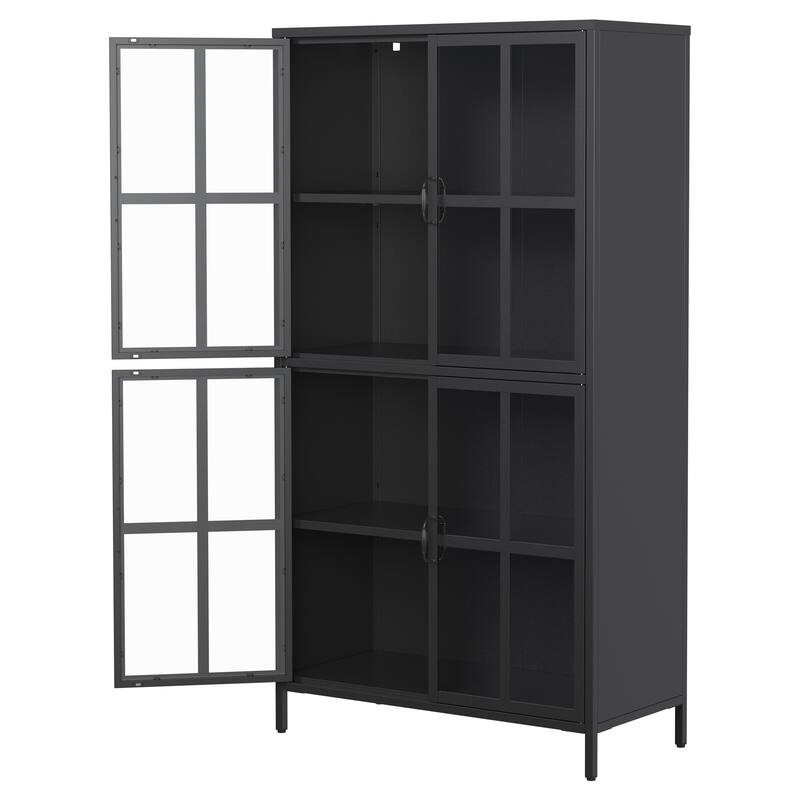 Metal Storage Cabinet with Tempered Glass Doors,Adjustable Shelves,Anti-Tipping Device,Magnetic Silent Closure,Adjustable Feet