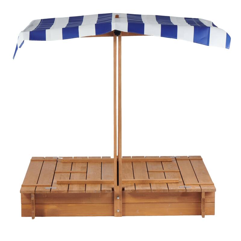 Kids Sandbox with Adjustable Cover, 46" Wooden Sand Box with 2 Foldable Bench Seats, Outdoor Sandpit for Backyard Play