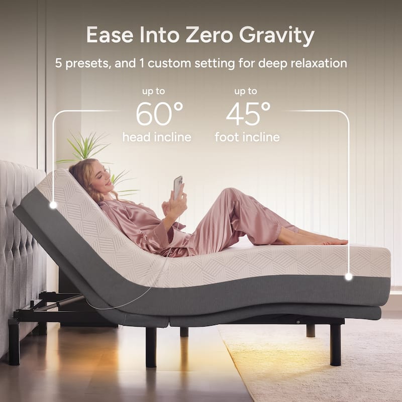 Renanim Zero Gravity Adjustable Bed Frame with 14" Memory Foam Mattress, Dual Massage, USB, Under Bed Light, Remote, App Control