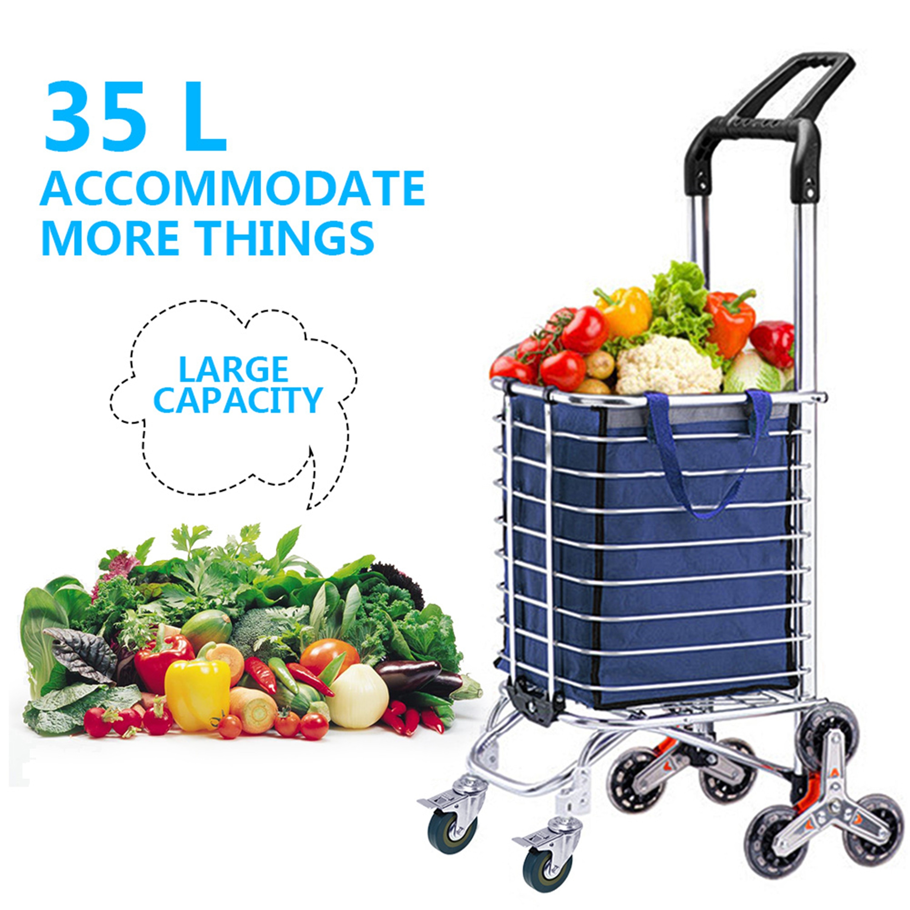 Folding Shopping Cart Jumbo Basket Grocery Travel Stair Climbing