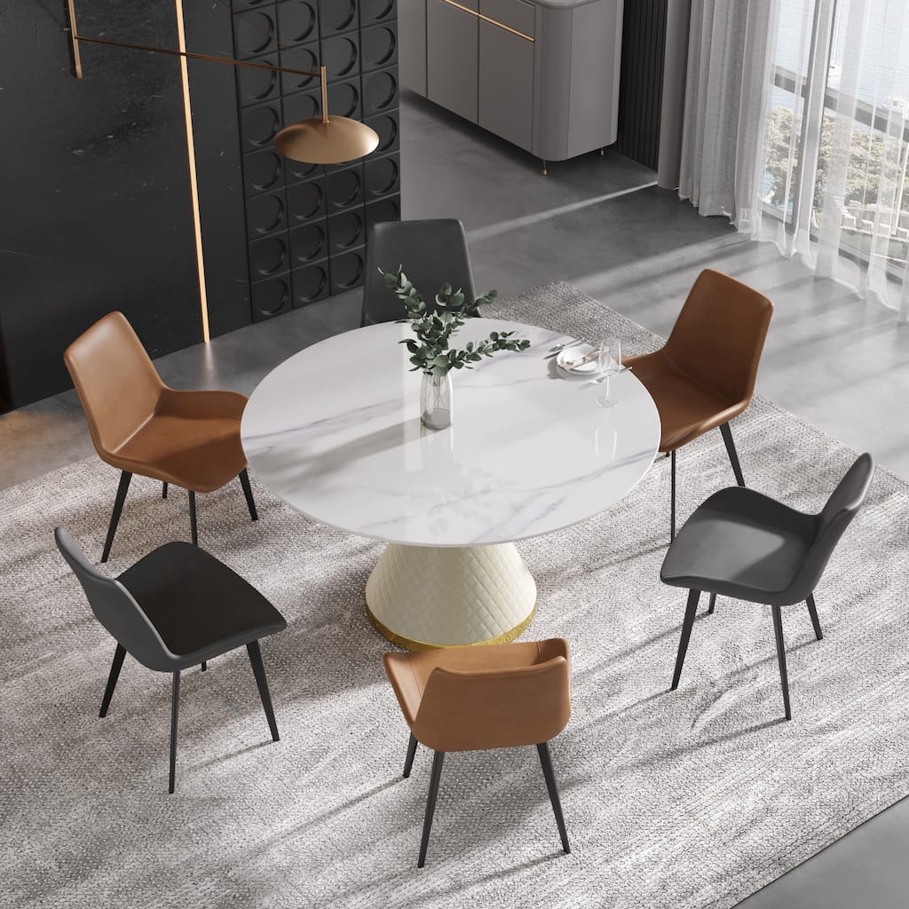 53" Modern Round Marble Dining Table for 6, with Round PU Leather Finish Metal Pedestal