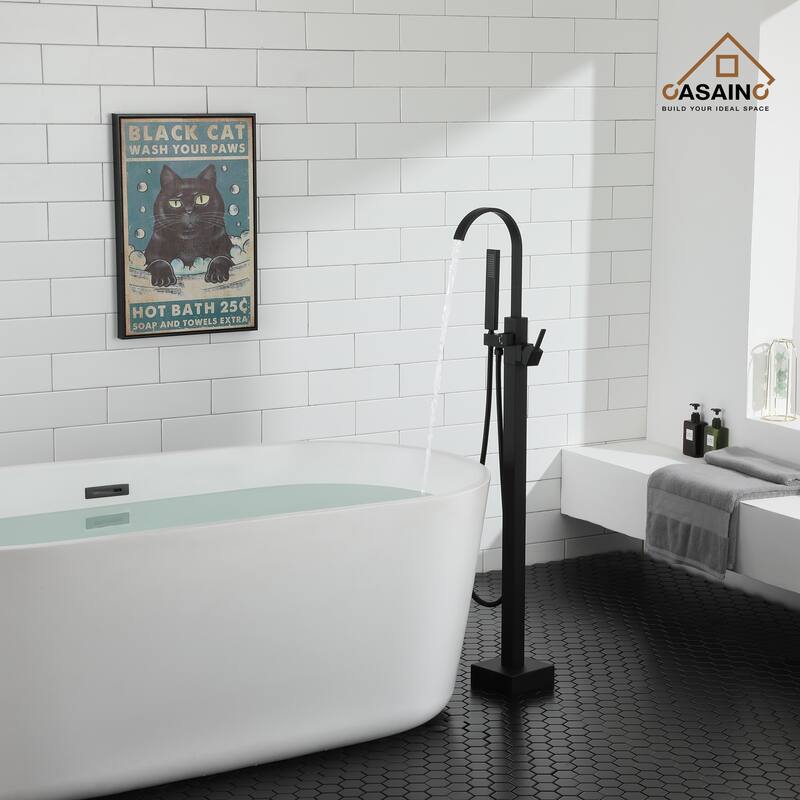CASAINC Single-Handle Floor-Mounted Bathtub Faucet High Flow Bathroom Tub Filler with Hand Shower