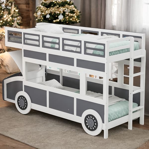 slide 2 of 18, Bus-shaped Twin over Twin Bunk Bed with Wheels and Storage, Space-saving, Sturdy Construction & Safety Guaranteed, Gray+White