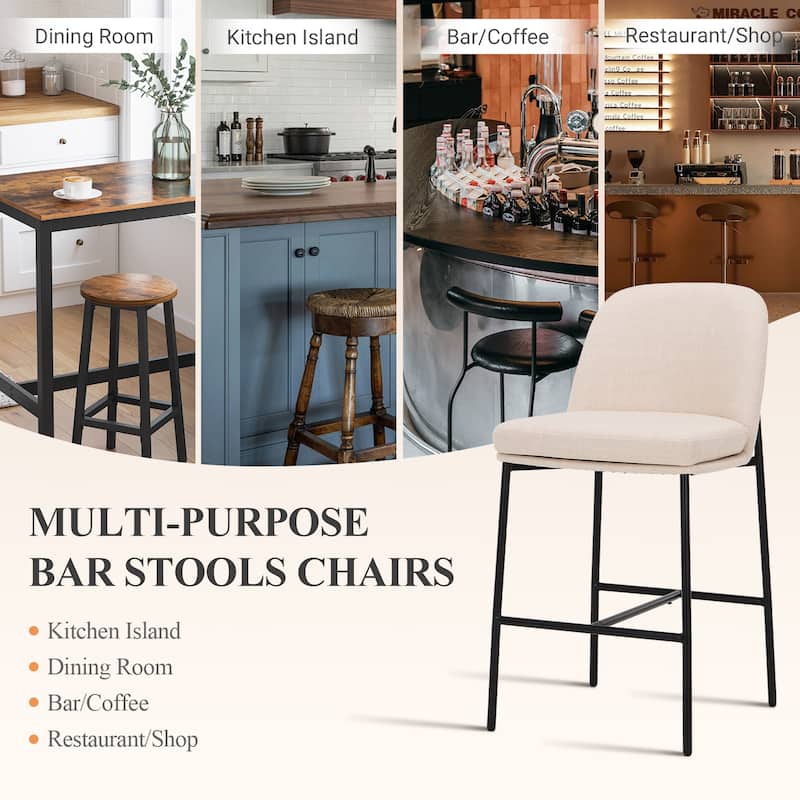 25" Counter Stools Set of 2 - Fabric Upholstered w/Metal Legs - Back Support For Kitchen & Bar