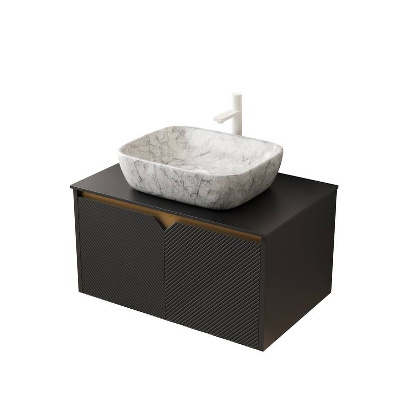 30"/36"/48" Floating Bathroom Vanity with Vessel Sink, Wall Mounted Sintered Stone Countertop Bathroom Storage Cabinet