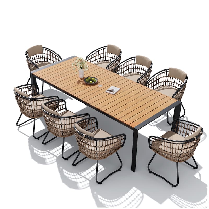 9-Piece Outdoor Patio Dining Set Wood Like Table Top Aluminum Rectangular Umbrella Hole Table with PE Rattan Chairs