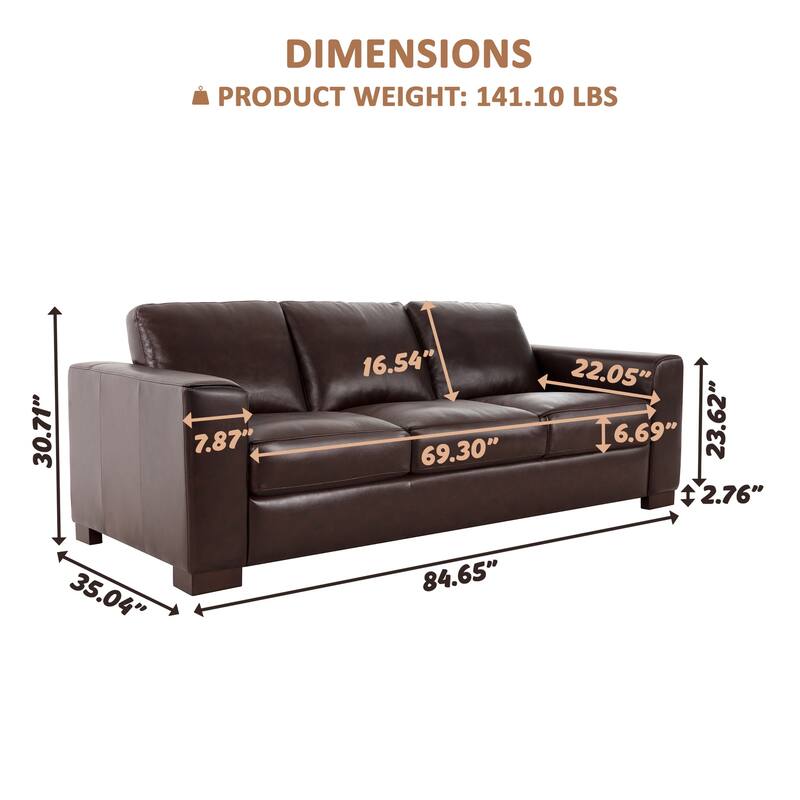 Genuine leather sofa & loveseat with feather cushions, square arms, sturdy & stylish.
