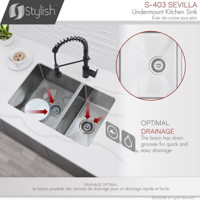 stylish 28 inches L x 18 inches W Double Bowl 60/40 Reversible Undermount Stainless Steel Kitchen Sink with Strainers