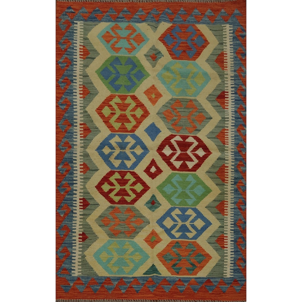 Hand Woven Oriental 100% Wool Carpet Southwestern Tribal Green Kilim Area Rug - 4' 11'' X 3' 4''
