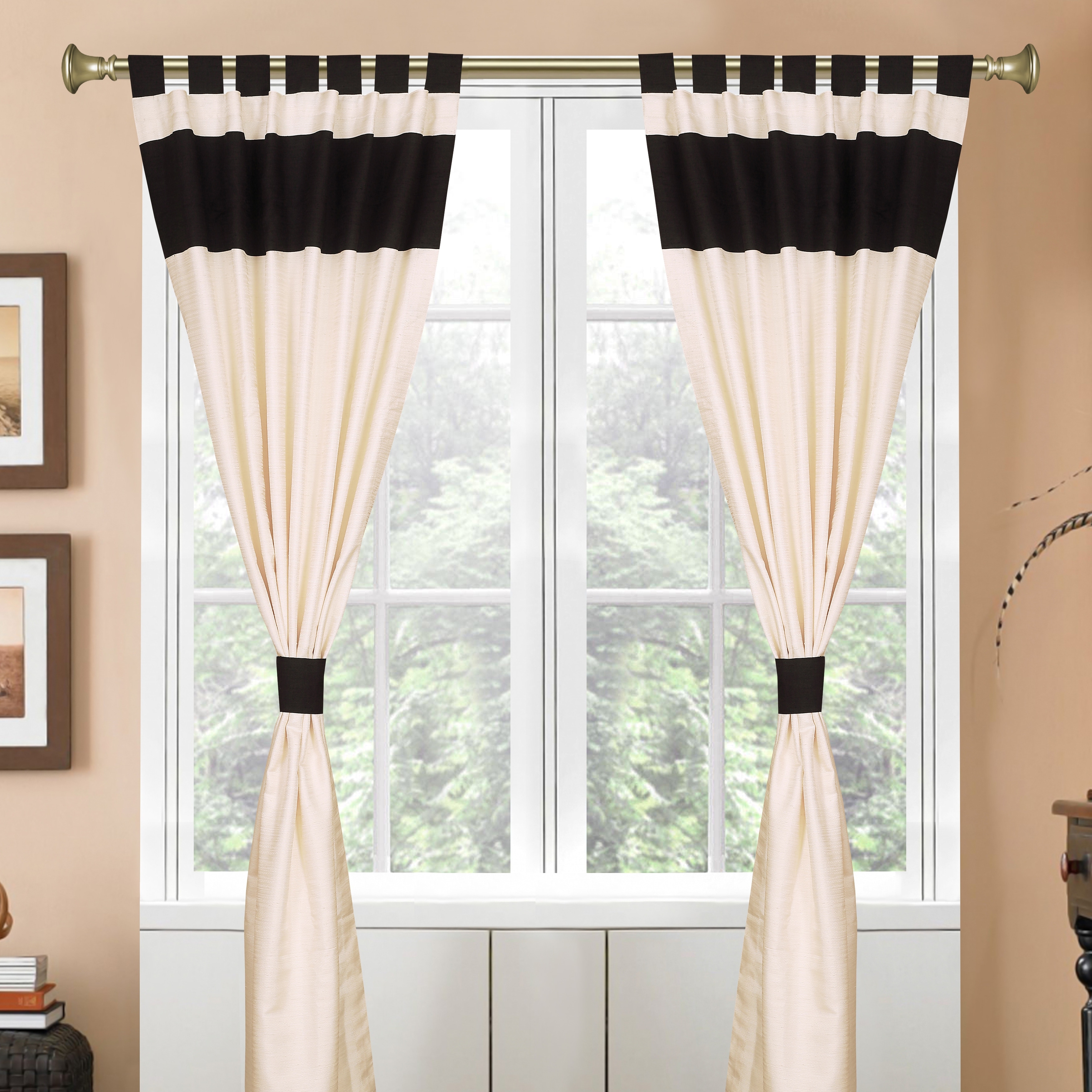 Cream store black curtains