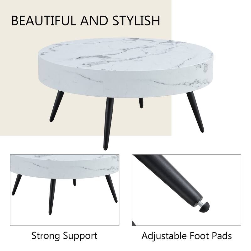 31.5 Inch Round Coffee Table with Adjustable Legs Small End Table with Marble Sticker Top Home Center Table