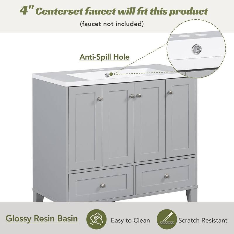 36'' Bathroom Vanity with Sink Set, Solid Wood Frame Bathroom Storage Cabinet, Freestanding Vanity Set