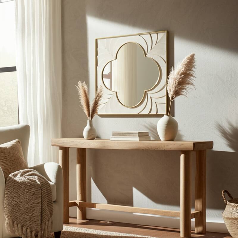 Wood Brass Frame Wall Mirror Decorative Elegant Room Decor - 35" Ivory - 35" x 1.75" x 35" - Ivory - 35" x 1.75" x 35"