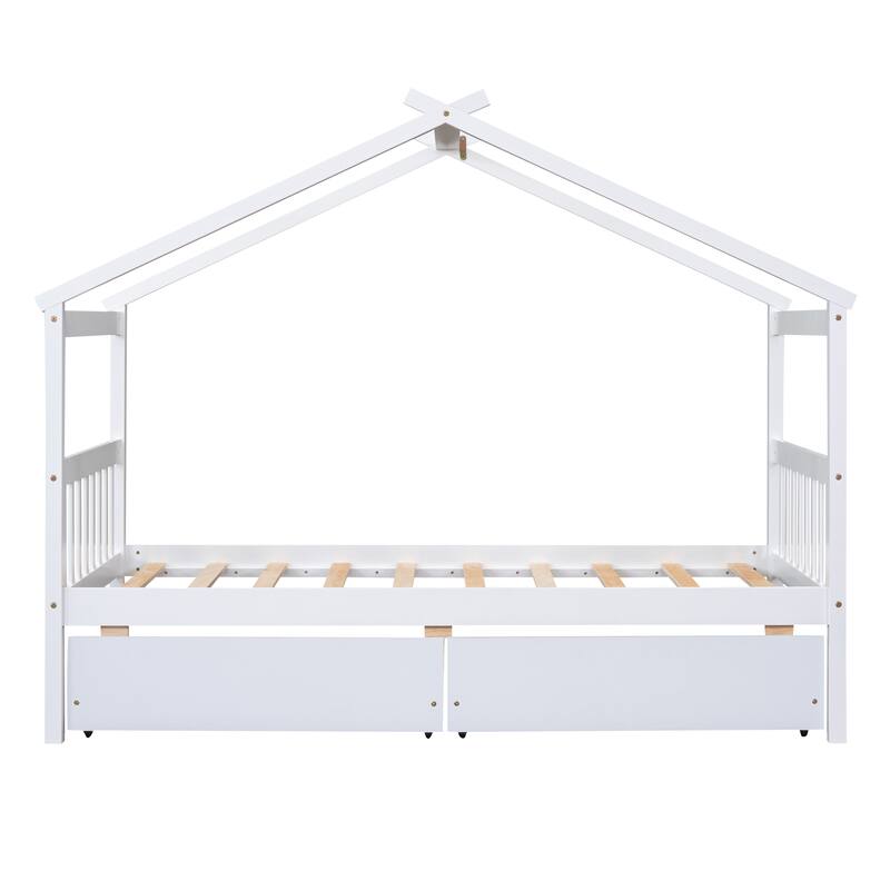 Wooden Twin/Full Size House Bed with 2 Drawers, Solid Pinewood Creativity House Shaped Sofa Bed Frame with Roof Design