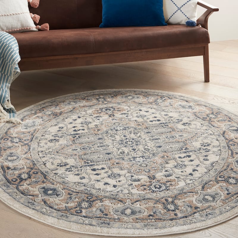 Nourison Concerto Traditional Persian Medallion Area Rug. - 5'3" Round - Ivory/Gray