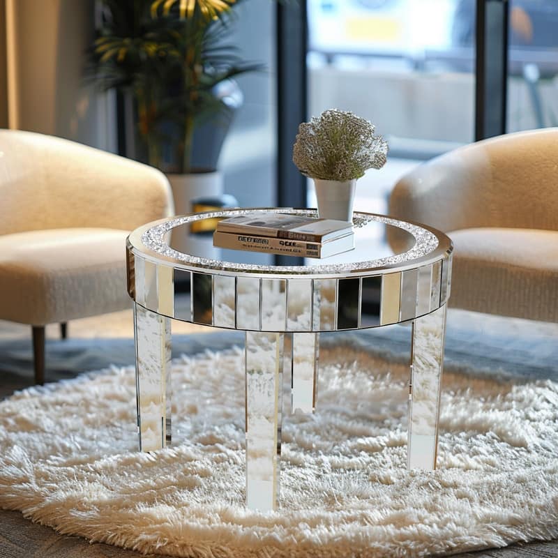 Silver Crushed Crystal Side Coffee Table Crystals Inlay Mirrored Table - 24"x20"