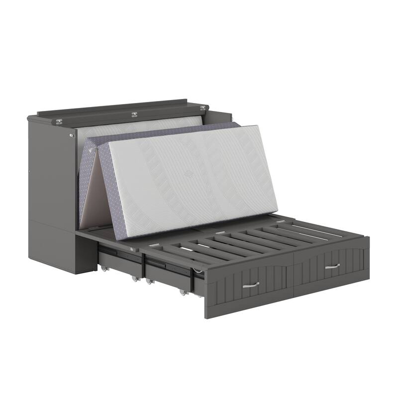 Murphy Bed Chest Full Size - Memory Foam Mattress & USB Charging - Grey Compact Space Saver