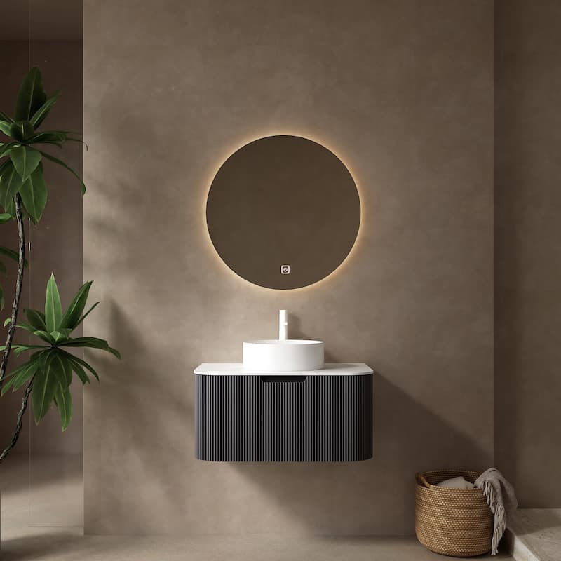 GDFStudio - Dina Modern 30" Floating Bathroom Vanity with Striped Curved Drawer & White Round Ceramic Basin, WITHOUT Faucet