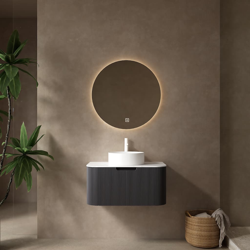 GDFStudio - Dina Modern 30" Floating Bathroom Vanity with Striped Curved Drawer & White Round Ceramic Basin, WITHOUT Faucet