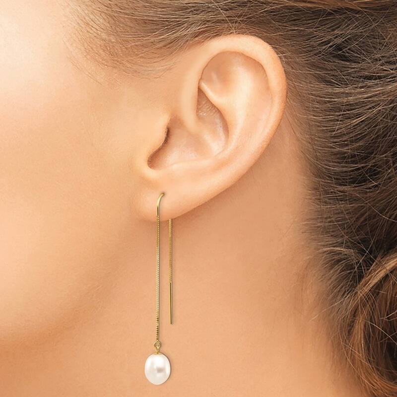 Curata 14k Yellow Gold 7-8mm White Rice Freshwater Cultured Pearl Box Chain Threader Earrings (55.88mm)
