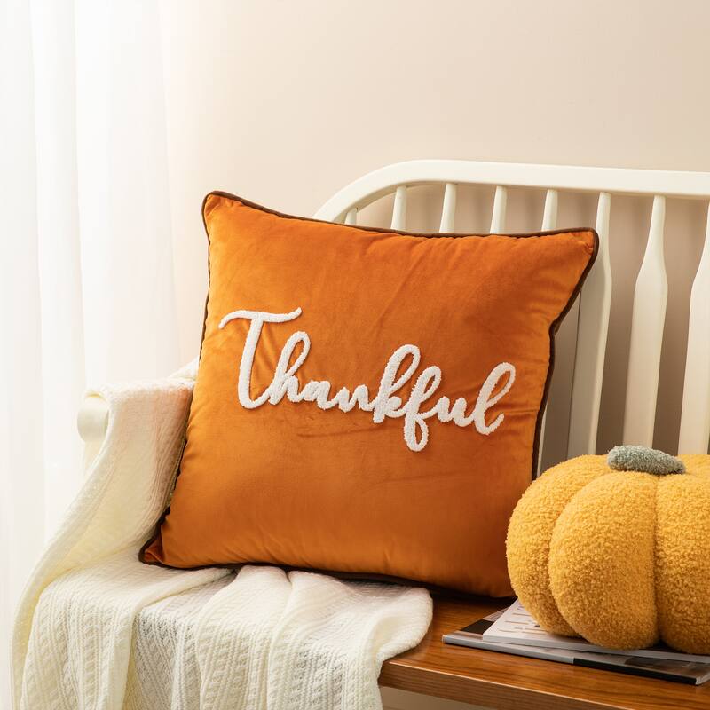 Glitzhome Farmhouse Thanksgiving Harvest Turkey Embroidered Pillow or Pillow Cover - Thankful(Filler not included)