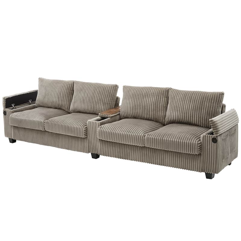 4 Seater Corduroy Sofa Couch with USB Ports and Storage Arms, 133" Modern Sofa with Side Pockets and Flip-Top Cup Holders