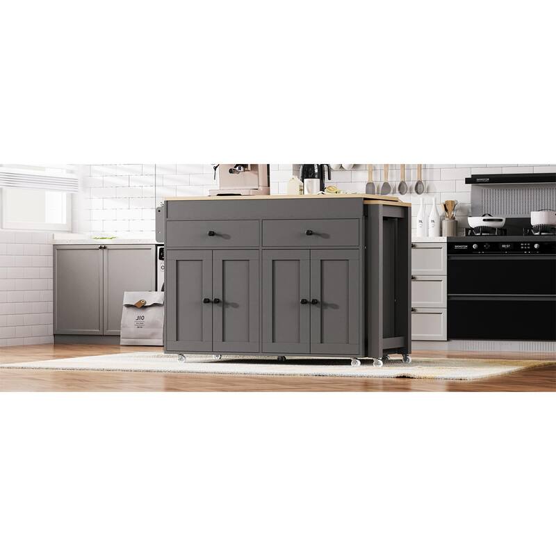 Roomfitters 74.8" Rolling Kitchen Island with Extendable Dining Table, Mobile Cart with 4 Doors, 2 Drawers & Spice Rack