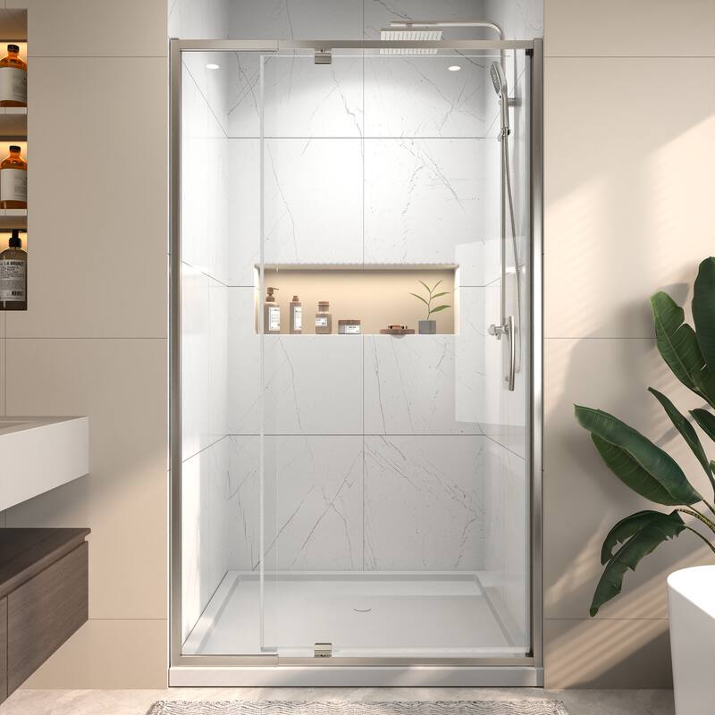 Modland 38''W - 42''W x 71''H Pivot Frame Sliding Shower Door with 1/4"(6mm) Clear SGCC Tempered Glass, Black/Nickel - 42x71 - Brushed nickel