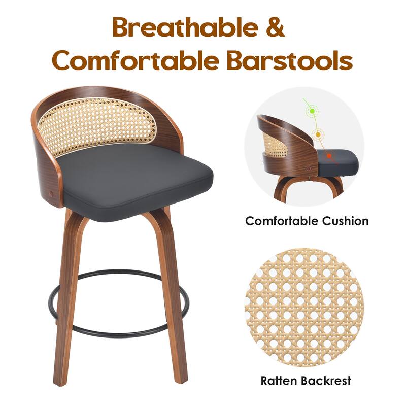 2-Piece Swivel Barstool Set - Modern Wood Frame with Rattan Back & PU Leather