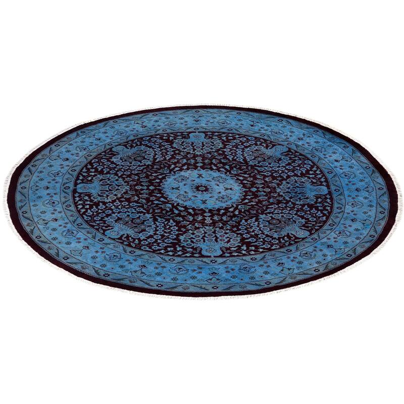Overton Hand Knotted Wool Vintage Inspired Modern Contemporary Overdyed Blue Round Area Rug - 6' 1" x 6' 1"