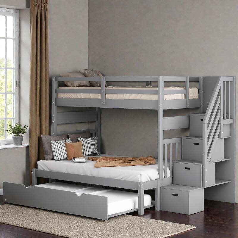 Twin over Full Bunk Bed with Twin Trundle and Storage Staircase, Solid Wood Space-Saving Bunk Frame - Grey - Full