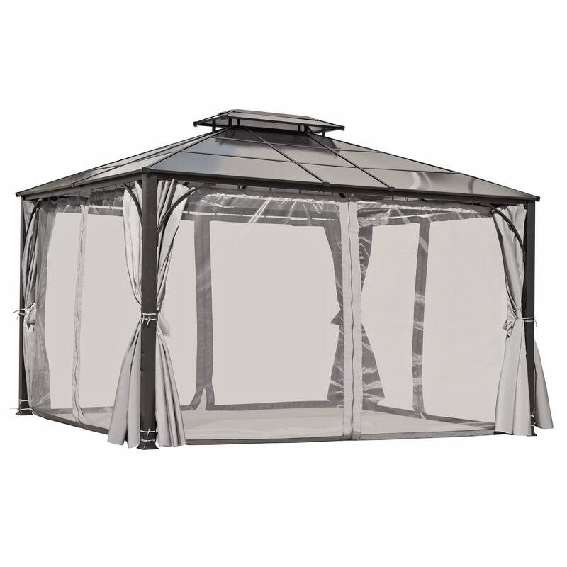 10'x12' Outdoor Aluminum Frame Hard Top Gazebo, Heavy Duty Double Roof Patio Gazebo with Mosquito Netting & Privacy Curtains