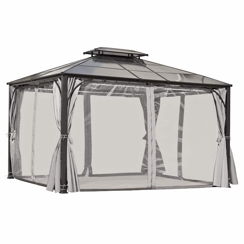Roomfitters 10x12 FT Hardtop Gazebo with Double-Layer PC Roof, Steel Frame, Mosquito Net & Curtains for Patio, Backyard