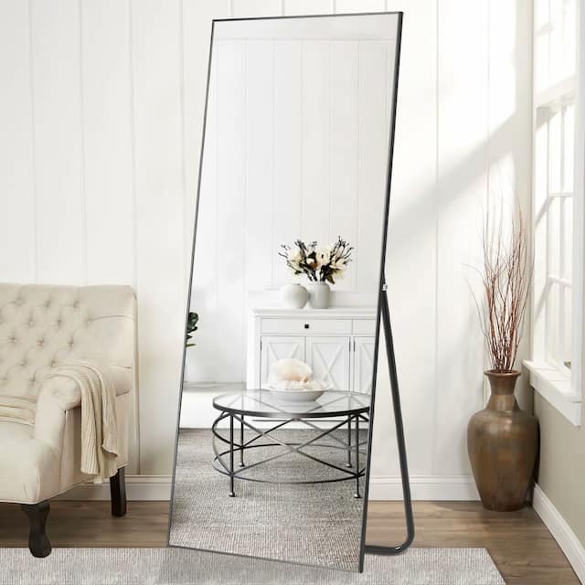 Modern Sleek Metal Frame Full-length Hanging or Leaning Wall Mirror - 71x28 - Black