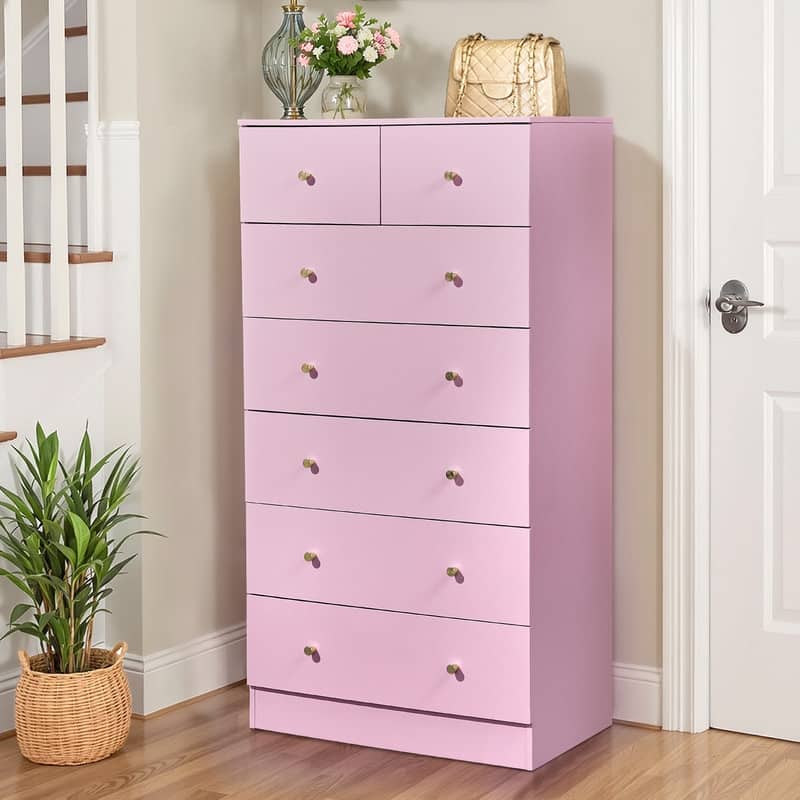 Large 7-Drawer Dresser For Bedroom And Chest Of Drawers With Sturdy Construction Wood Storage Organizer For Closet - Pink