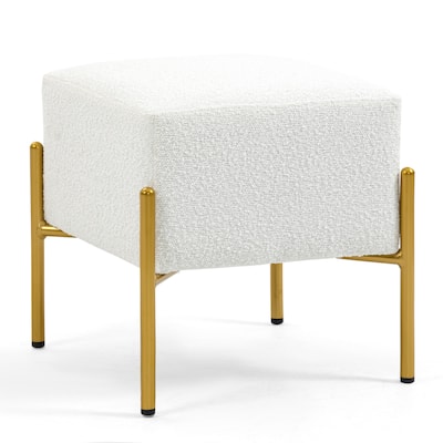 Aysha White Boucle Ottoman with Gold Accent Legs