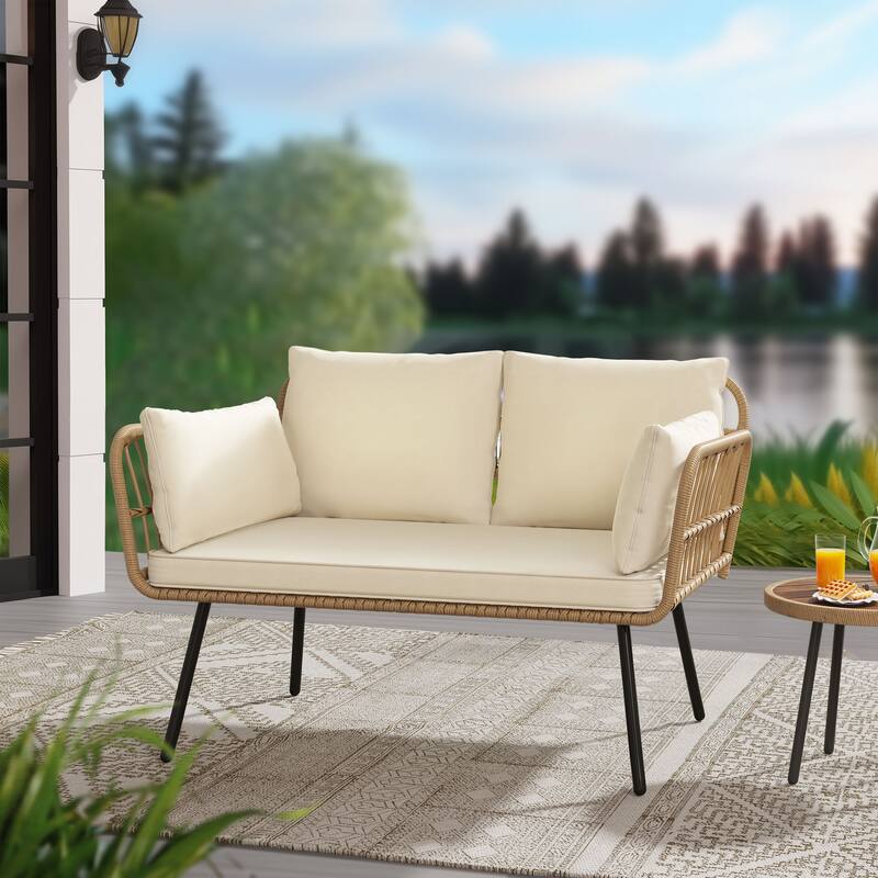 Moasis Outdoor Patio Loveseat Sofa,All-Weather Wicker Rattan 2 Seater Sofa with Cushions & Lumbar Pillows