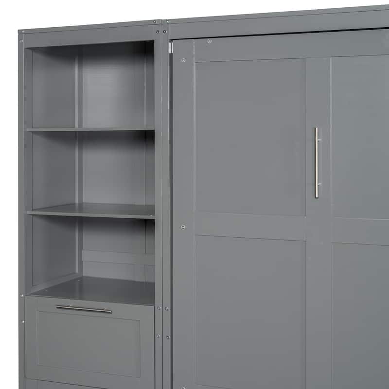 Gray Modern Queen Size Murphy Bed with Closet,Drawers and Shelves for Bedroom