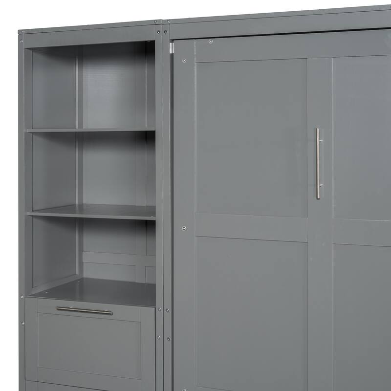 Space-Saving Queen Murphy Bed with Closet, Drawers & Shelves in Gray/White