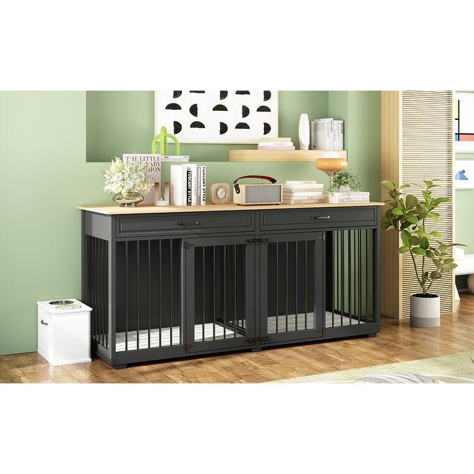 72.4 Inch Wooden Large Furniture Dog Crate with Drawers & Divider