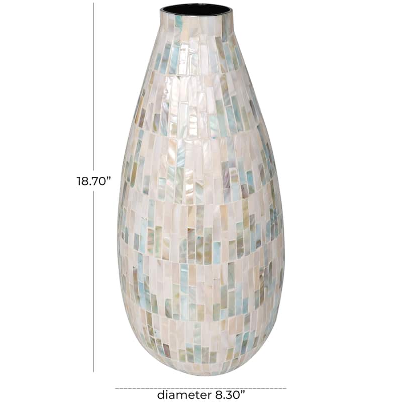 White Mother of Pearl Shell Handmade Mosaic Inspired Decorative Vase with Pastel Blue and Pink Accents