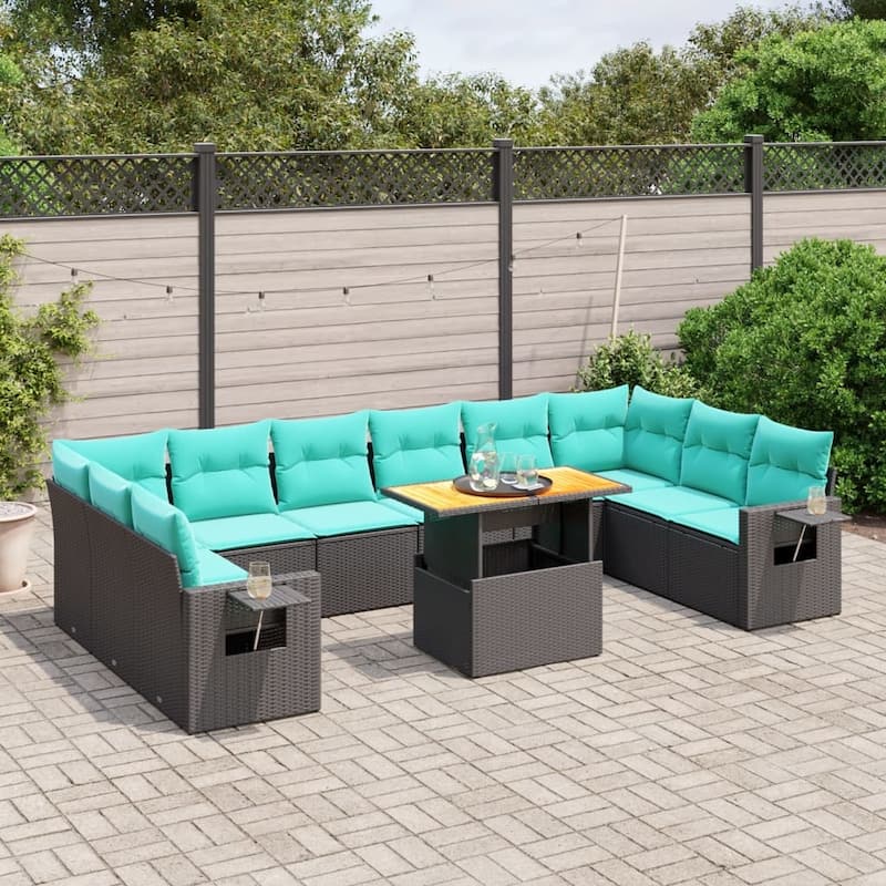 vidaXL Patio Sofa Set with Cushions Outdoor Furniture 11 Piece Poly Rattan - 24.4 x 24.4 x 27.2 - Black