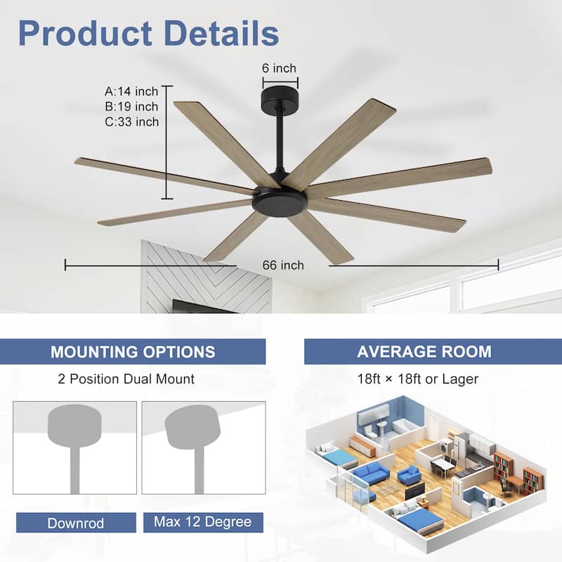 Large Ceiling Fan without Light - 8-Blade, Remote App Control, Dimmable 3CCT LED, Quiet DC Motor​