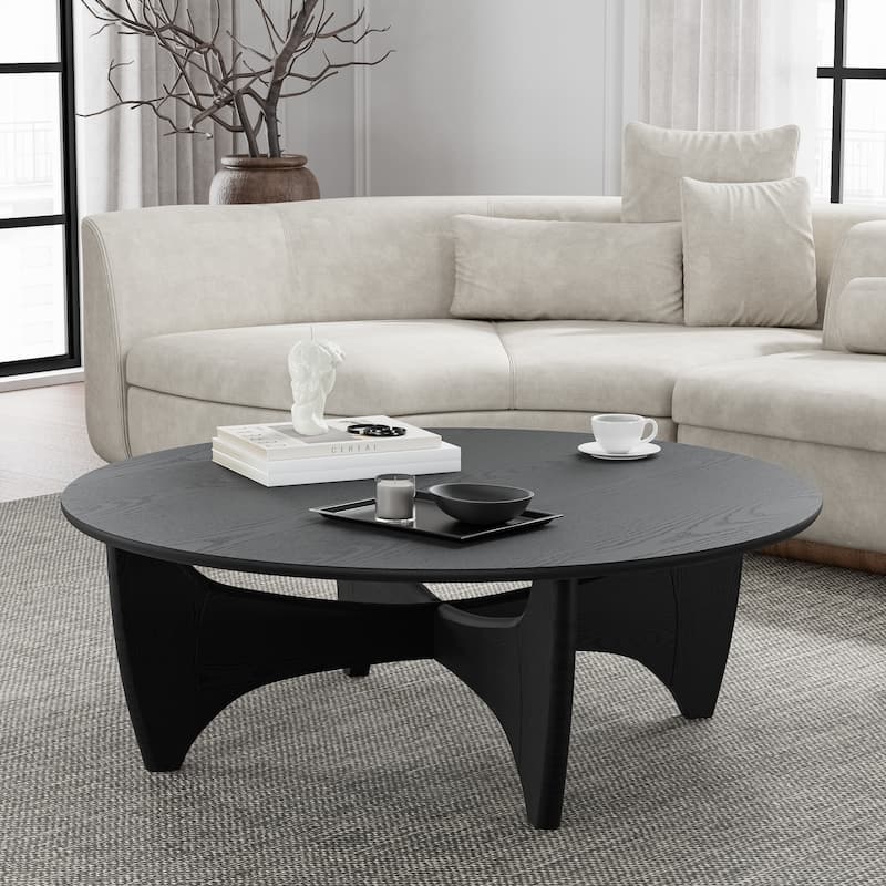 Round Modern Coffee Table Farmhouse Solid Wood Tea Table with Cross Sturdy Legs for Home Office Living Room - 16 in.H x 38 in.W