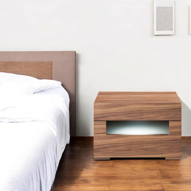 HomeRoots 16" Wood Lighted Two Drawer Nightstand - Walnut - 2-drawer